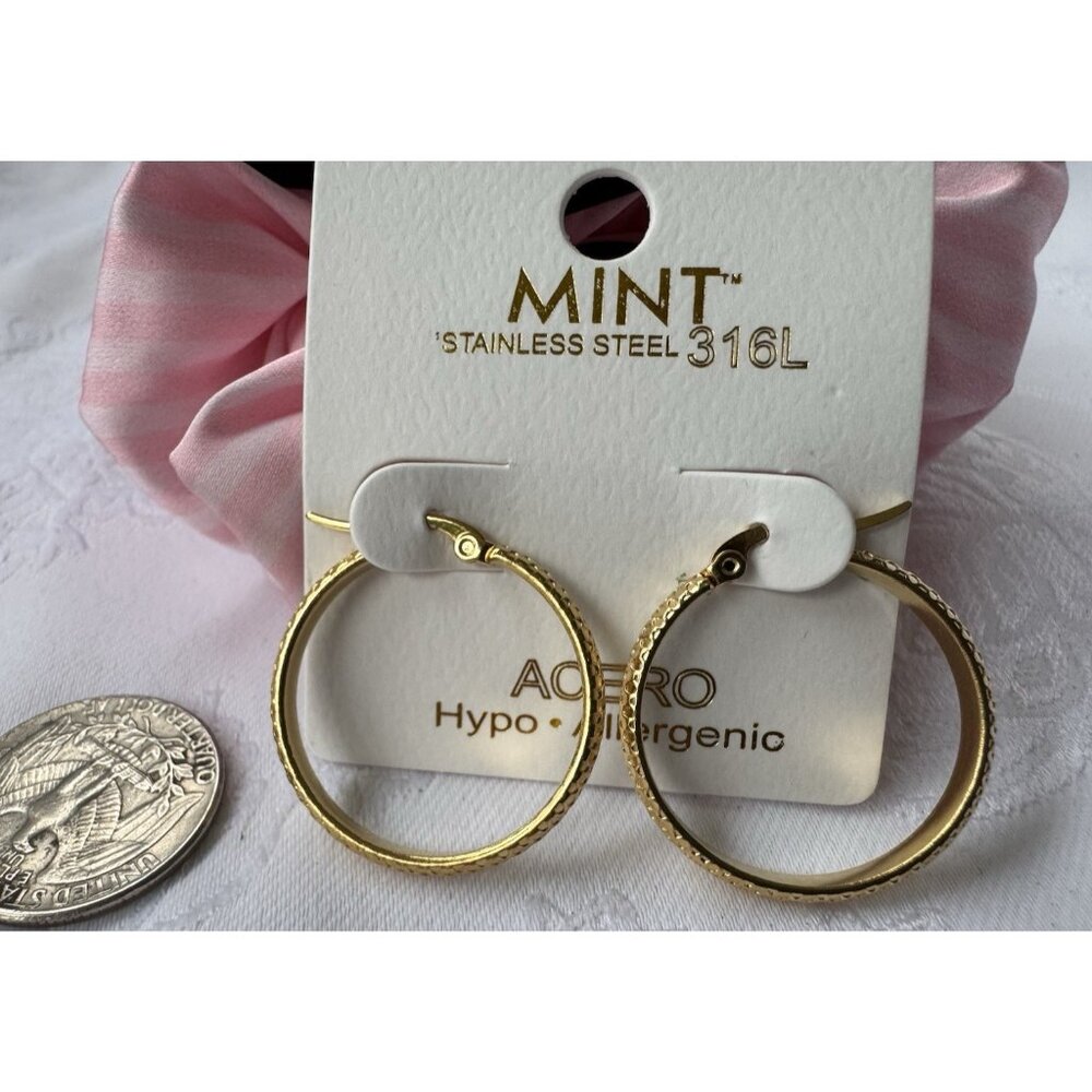 Mint Stainless Steel 316L Acero Hoop Earrings Hypo Allergenic Gold 25MM NEW